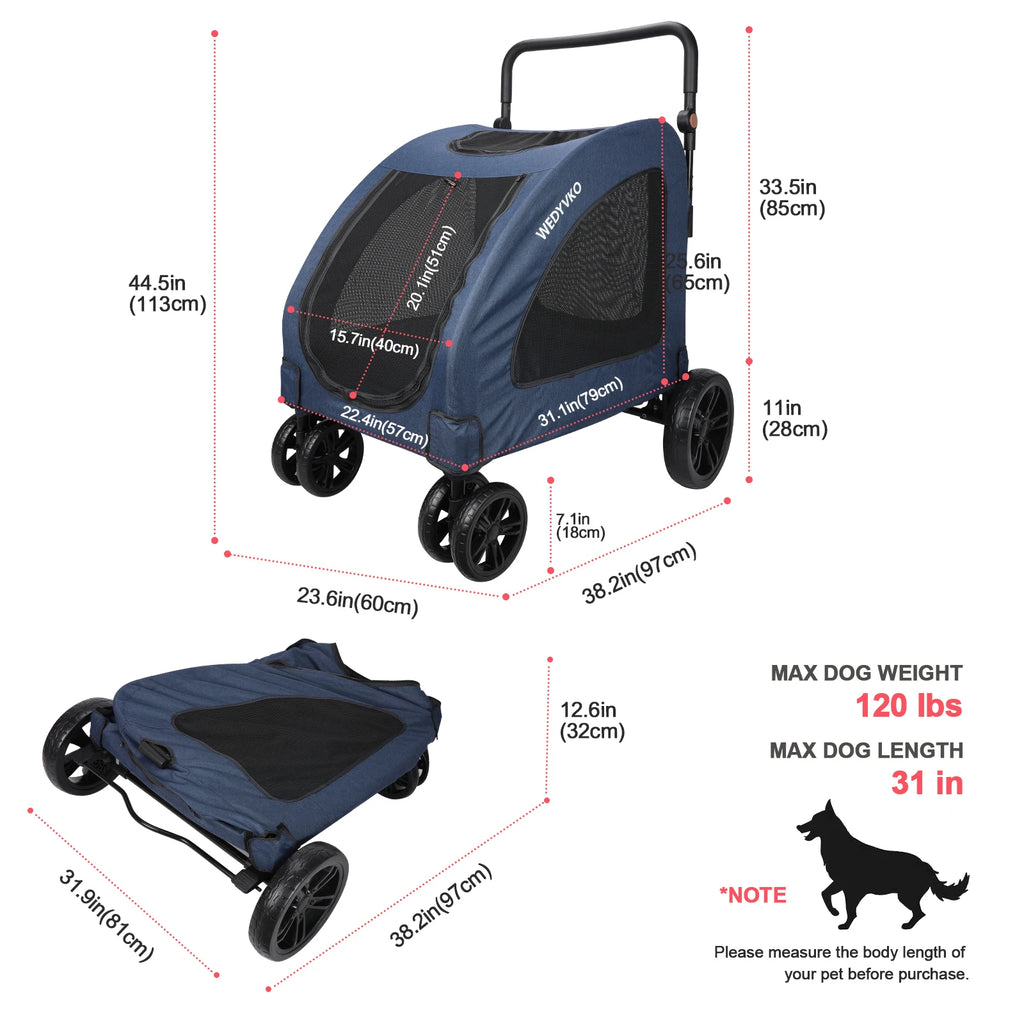 Cochecito de perro de alta resistencia para perros grandes de hasta 54 kg, carrito para mascotas plegable con ruedas de 360°, ventilación completa, cremallera delantera y trasera