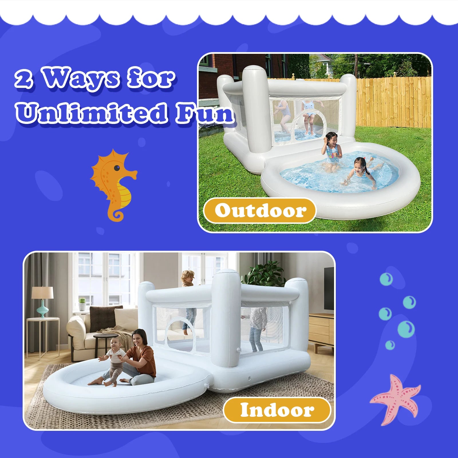 Castillo Hinchable Blanco Agotado con Bomba, Piscina de Bolas Hinchable para Niños de 3 a 6 Años, Casa de Juegos Interior o Exterior, Personalizable