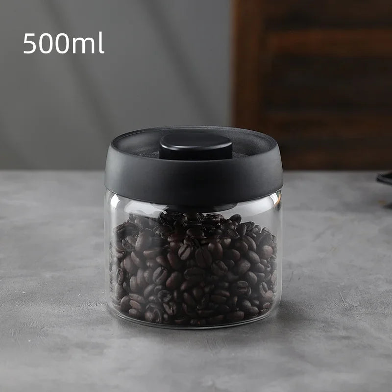 Cafetera de Tapa Negra de Múltiple Capacidad, Jarra de Almacenamiento Manual al Vacío a Prueba de Humedad, Tetera de Vidrio para Cocina, Bote Sellado para Granos de Café
