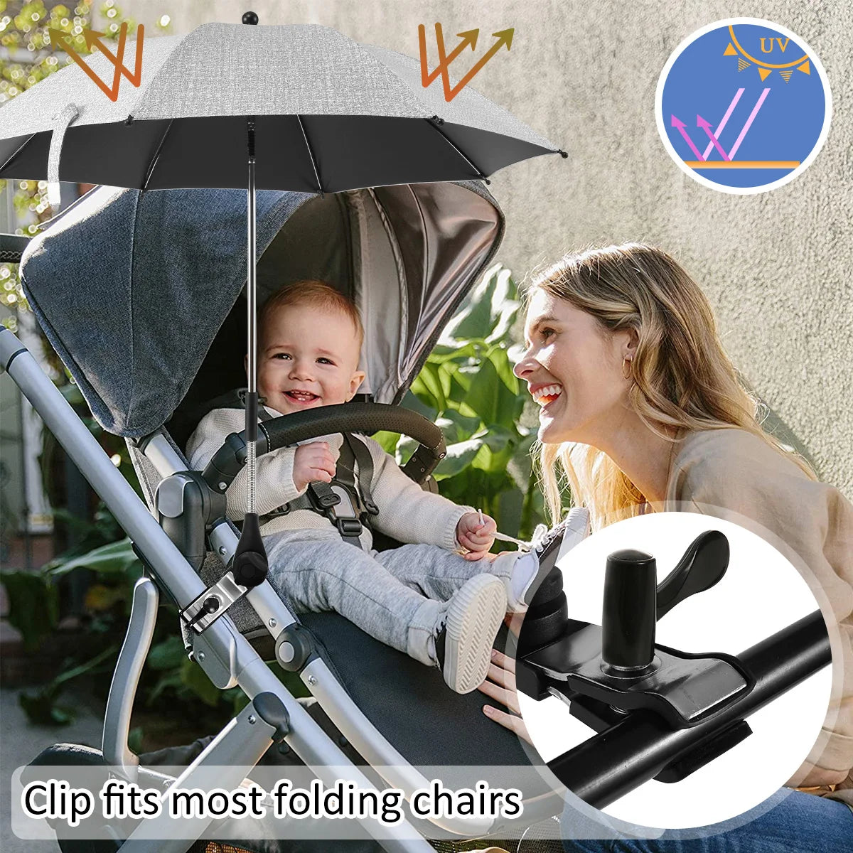 Sombrilla Universal Para Cochecito de Bebé, Protección UV, Sol y Lluvia, Parasol Ajustable 360°, Sombrilla Para Silla de Patio o Playa, Impermeable