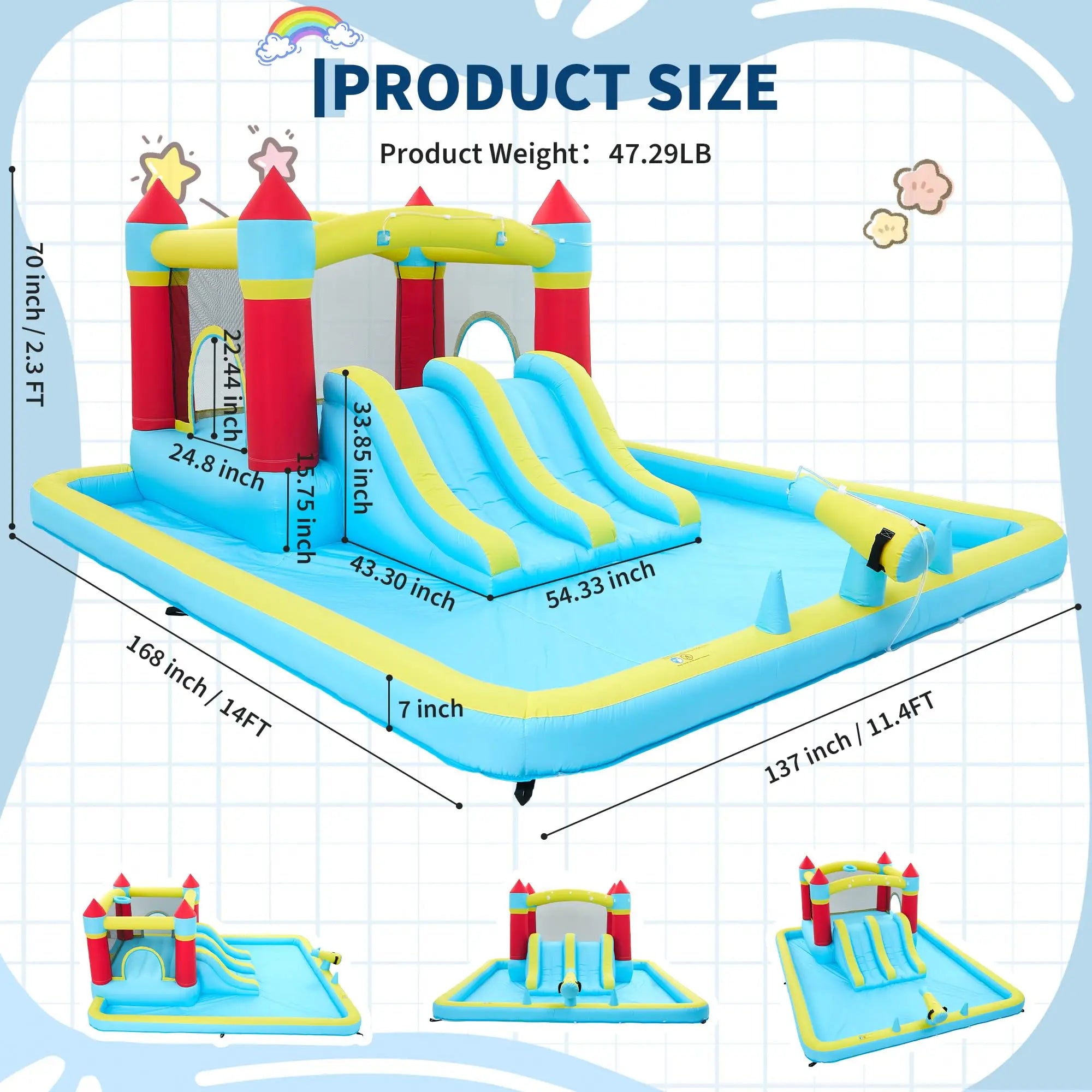 Castillo Hinchable de 15x11 pies con Soplador de 450W, Tobogán de Agua Húmedo y Seco 7 en 1 para Niños, Castillo Saltador para Interiores y Exteriores, Jardín