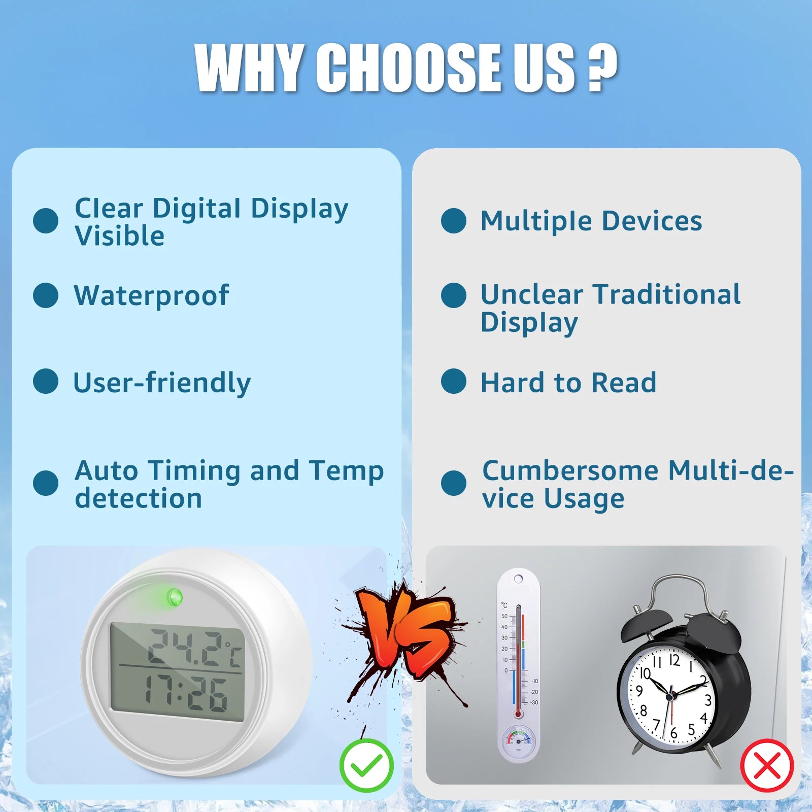 1/2Pcs Ice Bath Thermometer with Timer Small Floating Waterproof Thermometer with Clear Display Flashing Light for Hot-Cold Bath