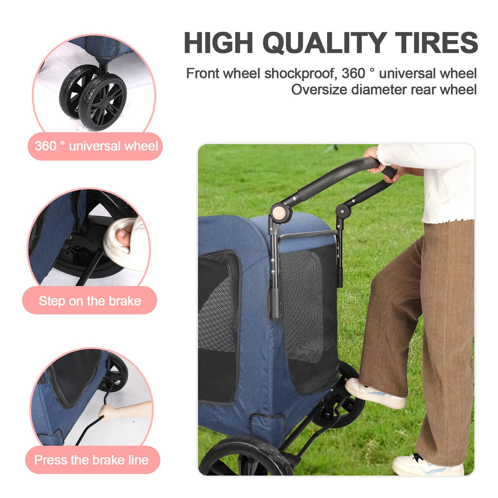 Cochecito de perro de alta resistencia para perros grandes de hasta 54 kg, carrito para mascotas plegable con ruedas de 360°, ventilación completa, cremallera delantera y trasera