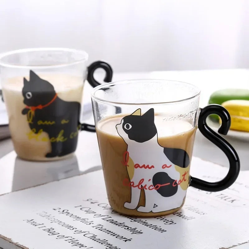 JUSTINLAU Taza de café con cola de gato 3D 250ml Taza de agua de vidrio de borosilicato alto resistente al calor Taza de leche para desayuno en casa para amantes de los gatos