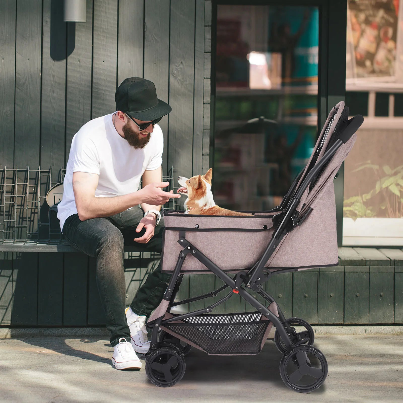 Cochecito para perros, cochecito para mascotas para perros y gatos medianos, con bolsas para excrementos de perro, manillar reversible, correas, cesta de almacenamiento y bolsa