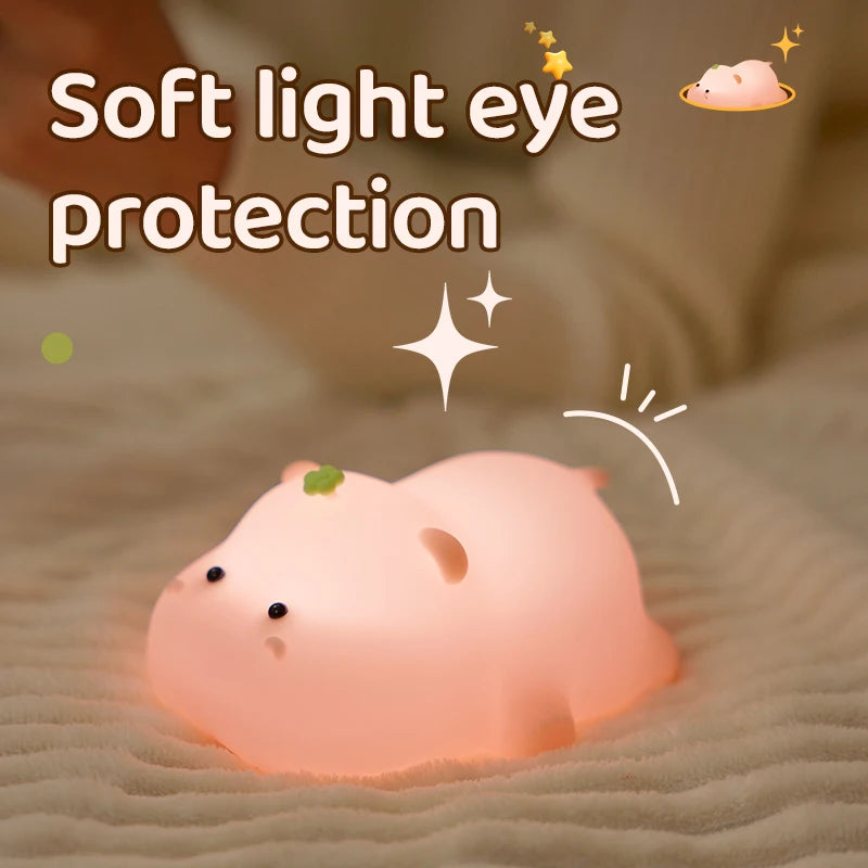Luz de noche de hipopótamo rosa, linda luz de noche de silicona, carga USB, control táctil, lámpara de palmada, decoración de escritorio, lámpara de noche para niños, regalo