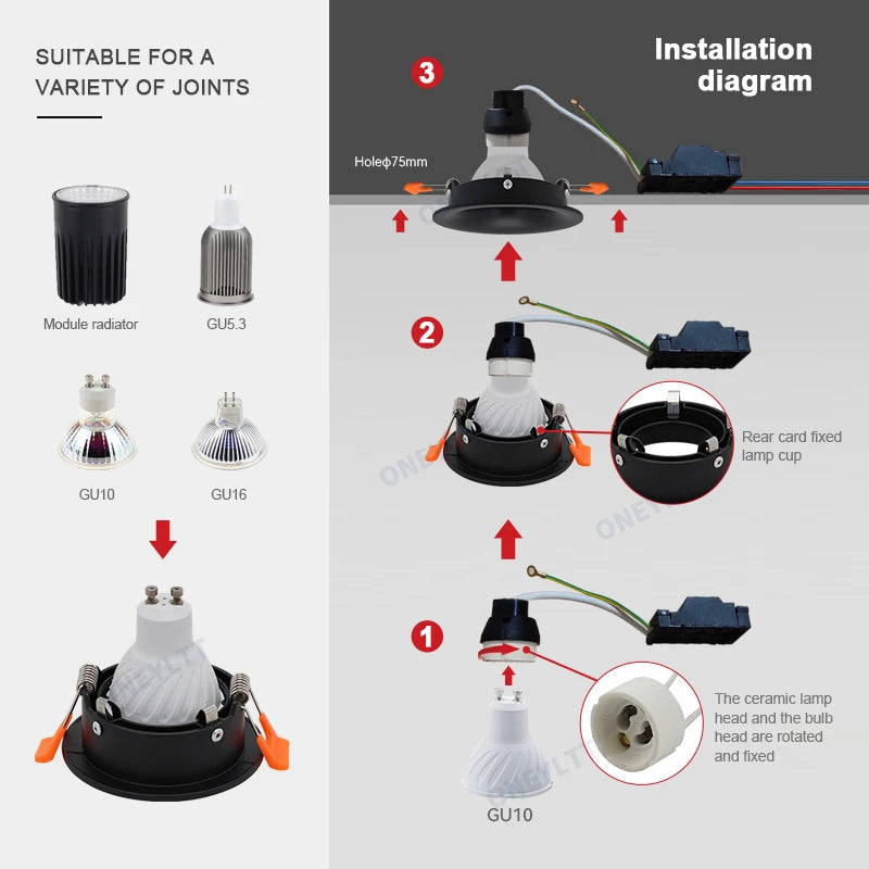 Oferta caliente 2022 Módulo LED MR16 Antideslumbrante Foco LED Empotrable de aluminio redondo cuadrado GU10 Marco LED Downlight
