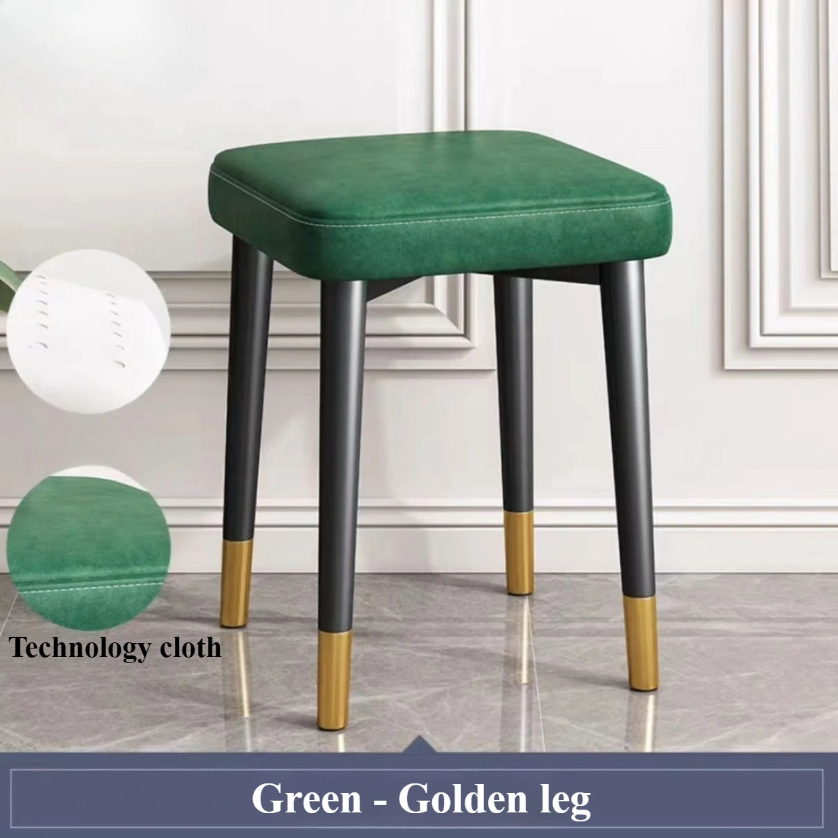 Taburete moderno acolchado para comedor, sala de estar, dormitorio y oficina | con cubierta dorada para las patas, patas con diseño entrecruzado