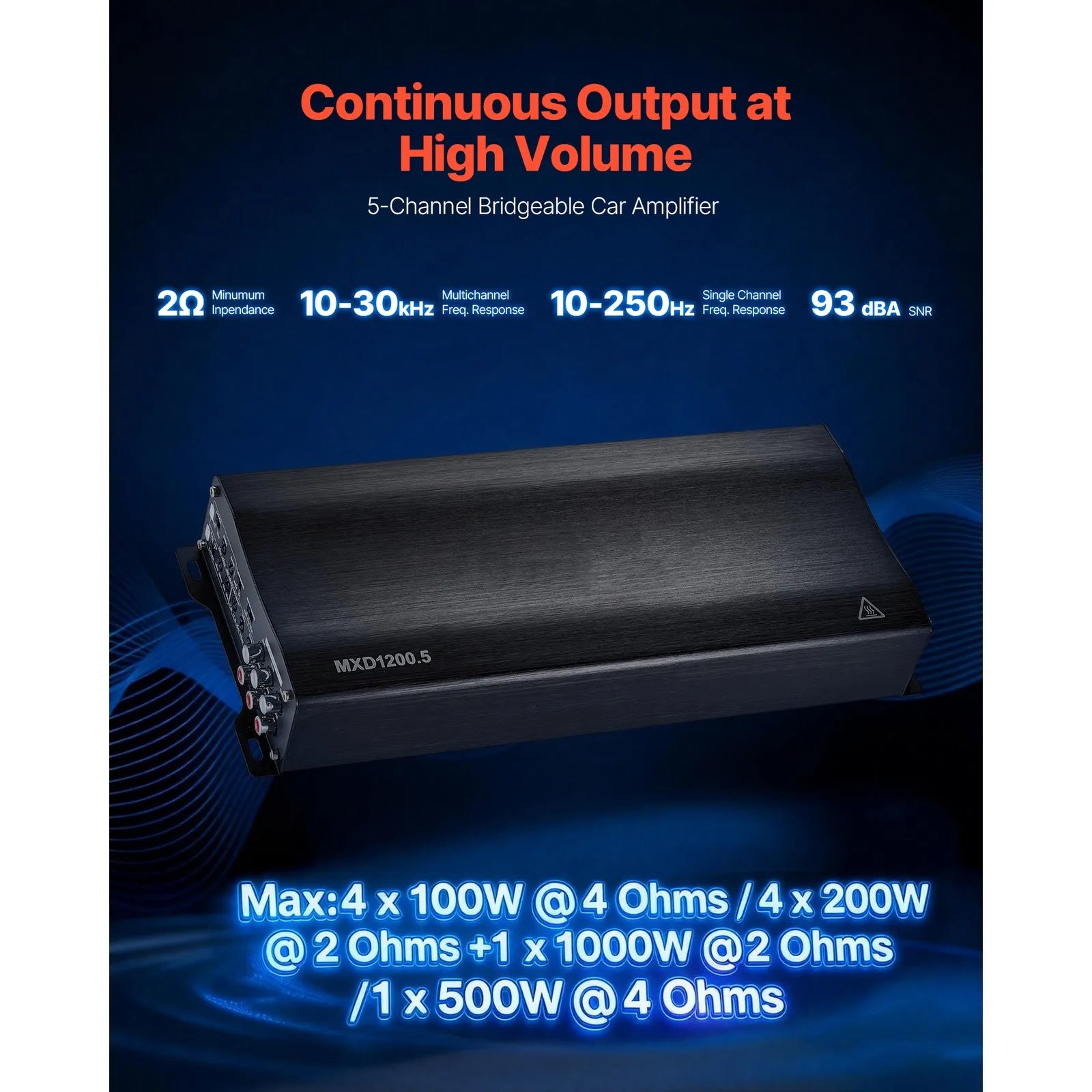 Amplificador de coche Uimoso Clase D de 5 canales, estéreo, 4 x 200W + 1 x 1000W a 2 ohmios