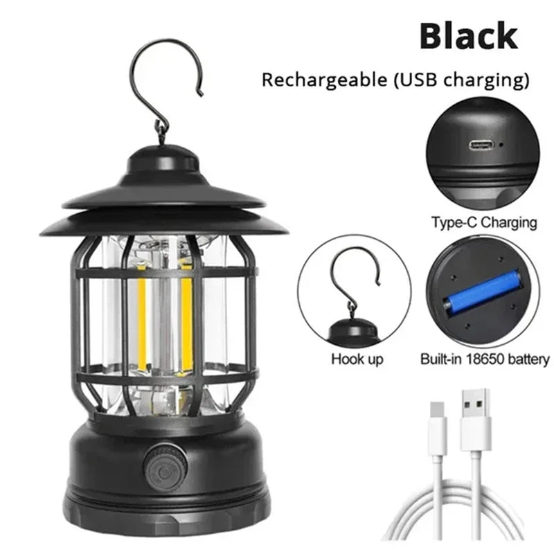 Paquete de 2 farolillos de camping recargables por USB, alimentados por batería, luz retro para camping, resistente al agua, lámpara LED colgante para tienda de campaña para senderismo y pesca