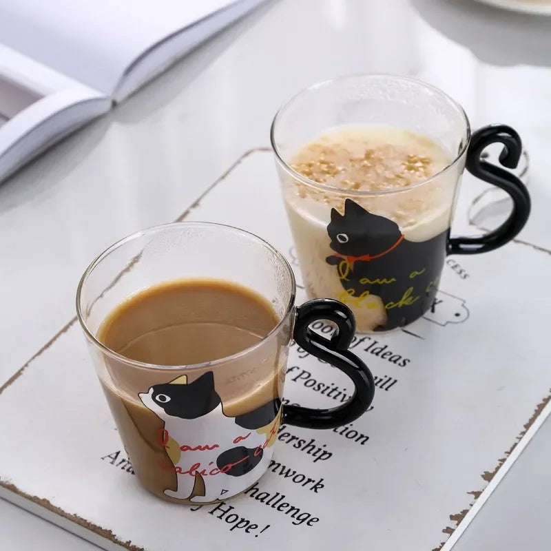 JUSTINLAU Taza de café con cola de gato 3D 250ml Taza de agua de vidrio de borosilicato alto resistente al calor Taza de leche para desayuno en casa para amantes de los gatos