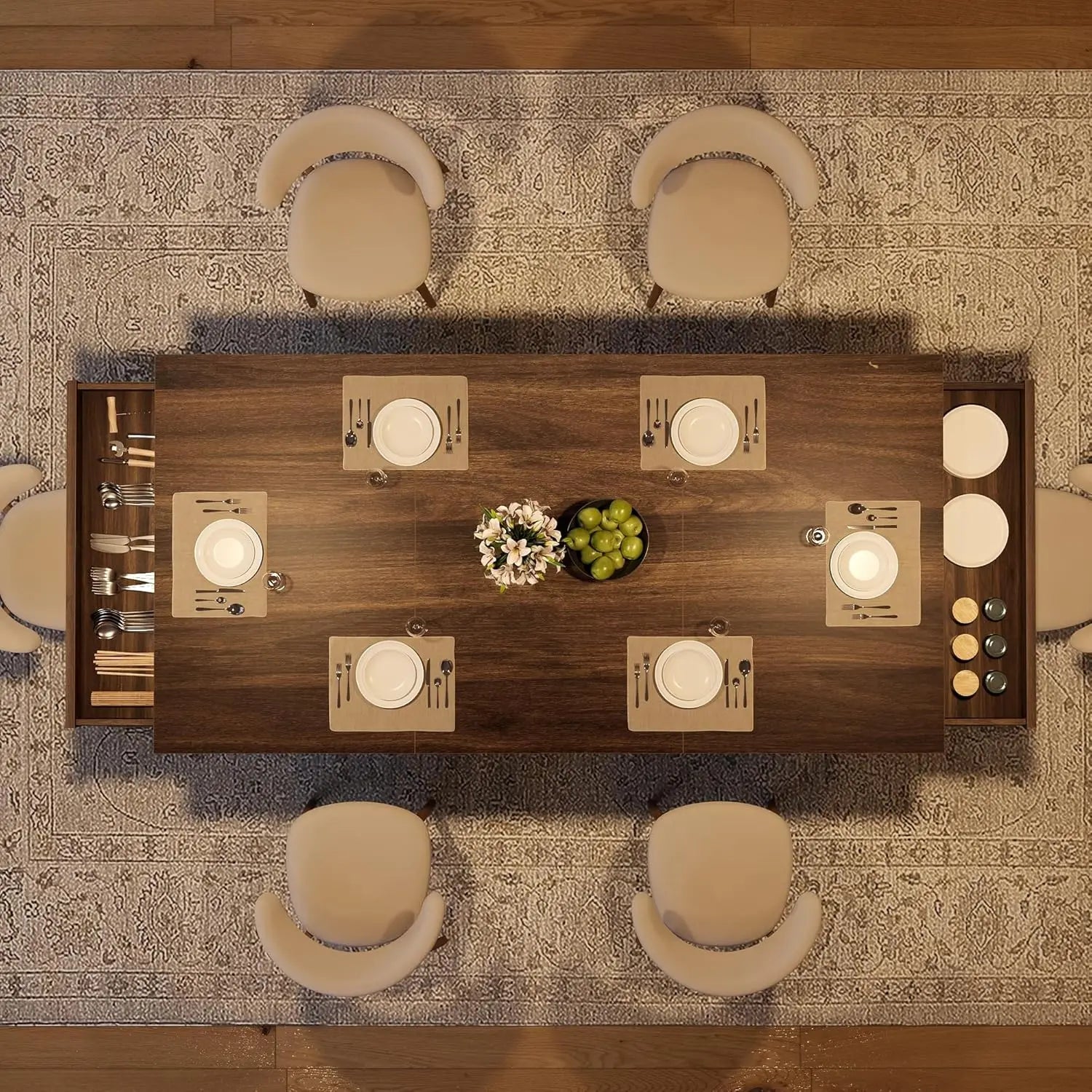 Mesa de cocina rectangular de madera con doble pedestal y tablero grande, mesa de comedor para 6-8 personas con 2 cajones, nogal