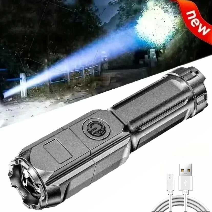 Linterna LED potente de 100000 lúmenes recargable USB 18650 impermeable con zoom para pesca, caza, linterna táctica de material ABS