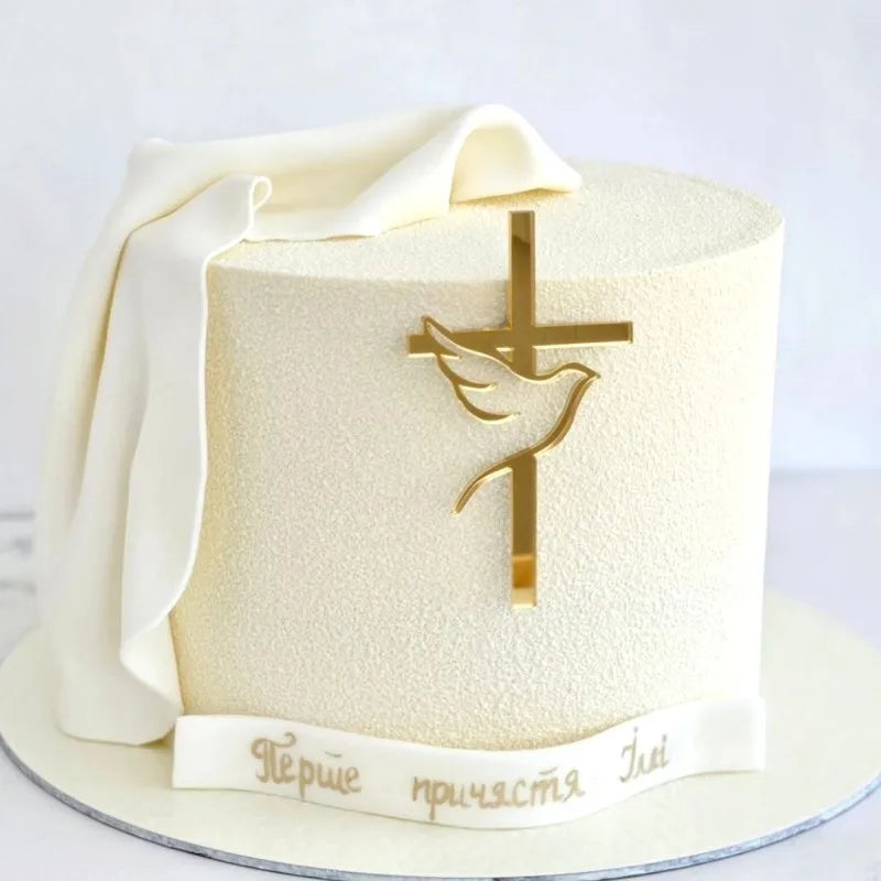 2025 Cristo Cruz Tarta de Cumpleaños Topper Acrílico Dorado Paloma Cruz Eucaristía Fiesta de Bautismo Comunión Topper de Pastel de Bautismo Decoración