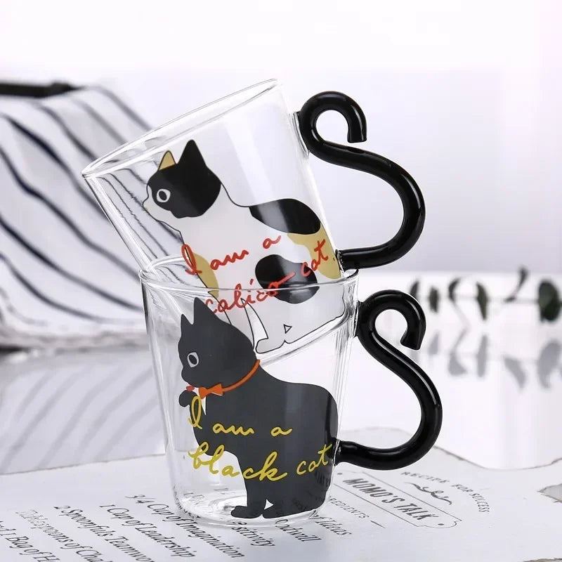 JUSTINLAU Taza de café con cola de gato 3D 250ml Taza de agua de vidrio de borosilicato alto resistente al calor Taza de leche para desayuno en casa para amantes de los gatos