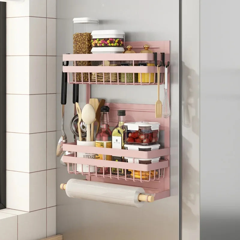 Estante magnético para nevera, tubo de papel de cocina, soporte para film transparente, estante para especias, estante de almacenamiento en el lateral del refrigerador