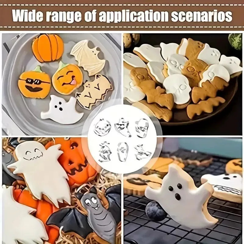 6 piezas Moldes cortadores de galletas de Halloween de acero inoxidable Fantasma Calabaza Calavera Ataúd Moldes para hornear Magdalenas Chocolate Galletas