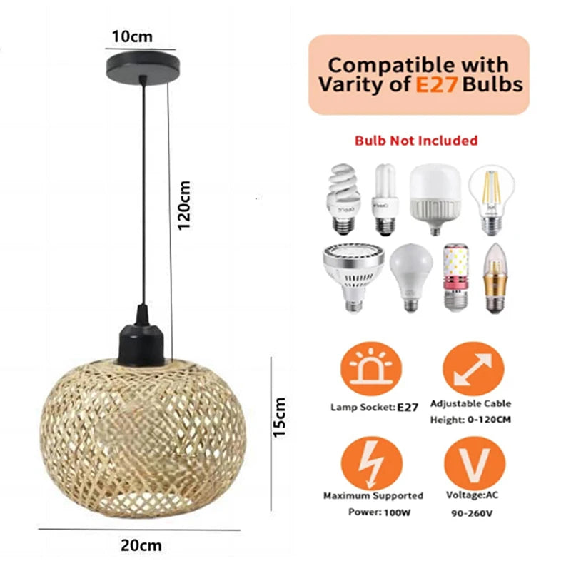 Lámpara colgante de bambú retro, araña tejida, lámpara colgante de ratán hecha a mano, accesorio de iluminación interior para restaurante y comedor