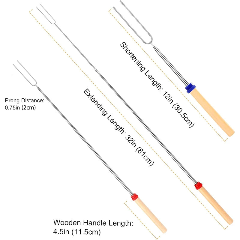 5 Pinchos para asar malvaviscos extensibles de 32 pulgadas de largo, brochetas de metal para barbacoa con mango de madera, para camping al aire libre, fogatas