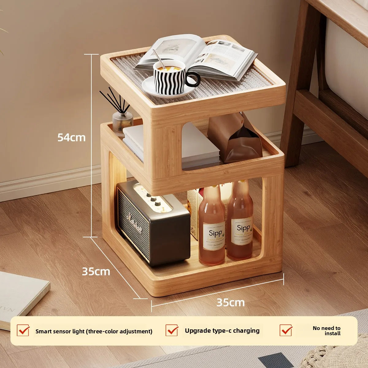 Mesita de noche de madera maciza, almacenamiento de mesita de noche para dormitorio, borde de sofá para el hogar