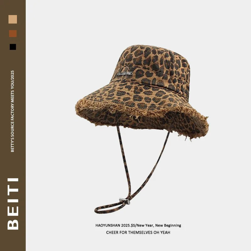 Sombrero de pescador con estampado de leopardo americano, estilo femenino, gorro pequeño que realza el rostro, sombrero tipo pescador estilo "chica picante"