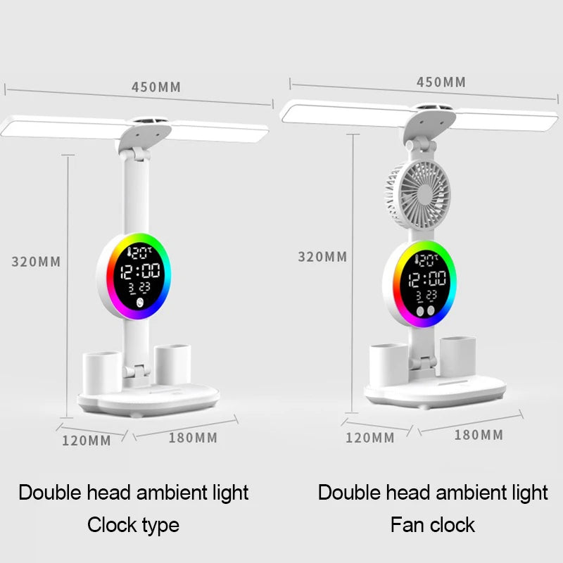 Lámpara de mesa LED recargable para estudio, luz de lectura, luz nocturna LED con ventilador, reloj LED, luz de escritorio de lectura