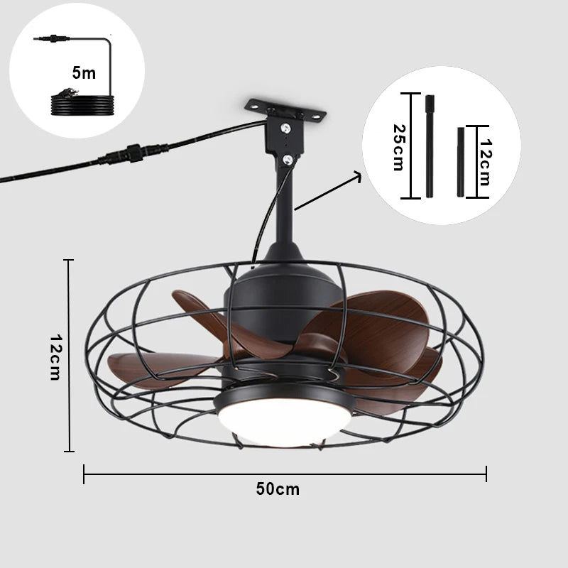 Ventilador de Techo Estilo Industrial con Luz y Control Remoto, Ventilador Exterior Impermeable con Jaula Redonda Negra y Gancho para Patios y Porches