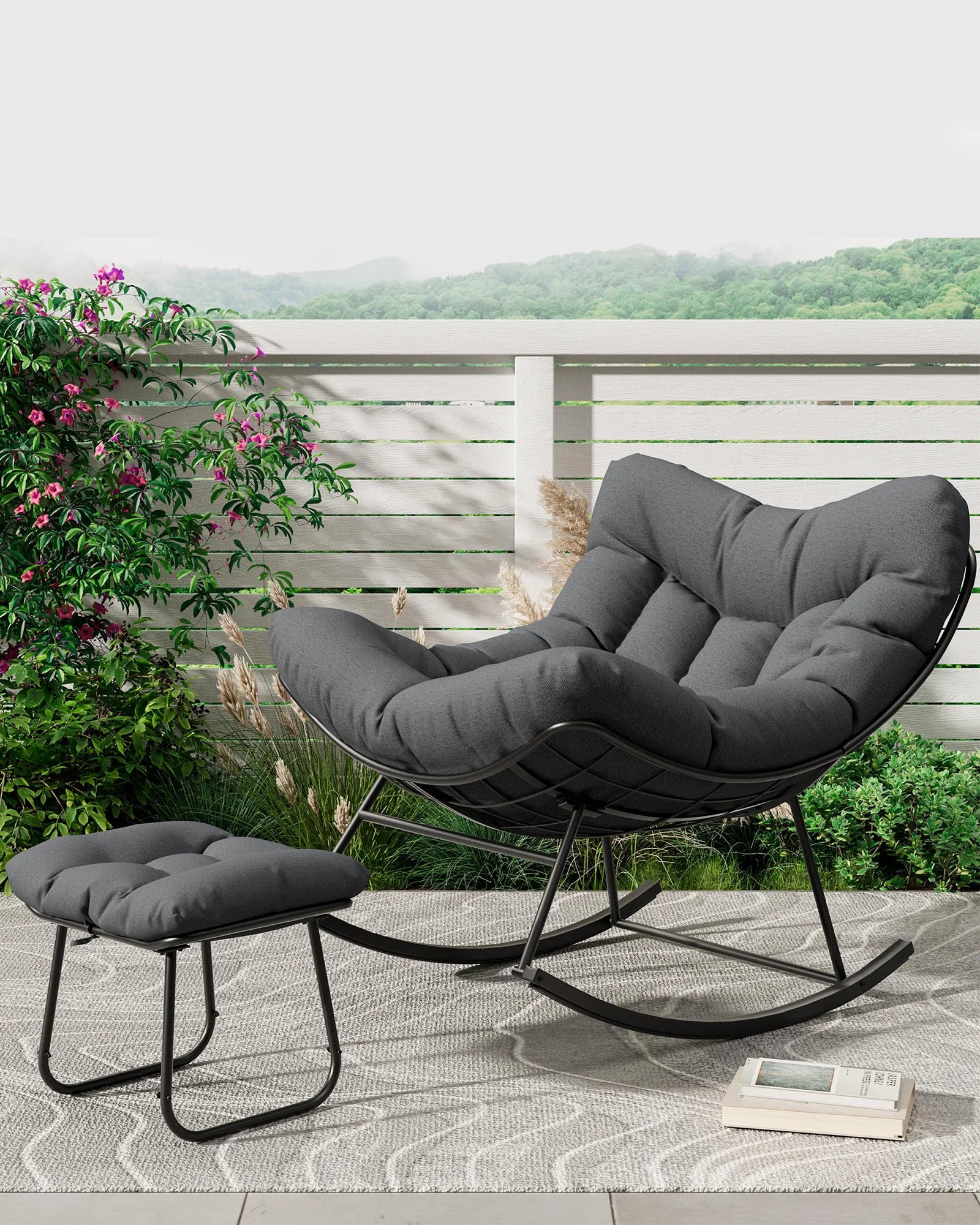 Mecedora Papasan extragrande con otomana, mecedora tipo huevo para exteriores para porche, balcón, patio trasero, alta resistencia, capacidad de 204 kg