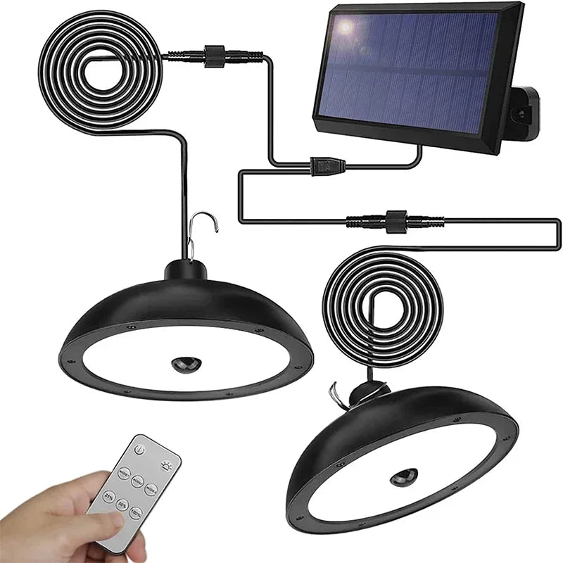 Lámpara colgante de doble cabeza LED solar para exterior, impermeable, con control remoto, para cobertizo interior, granero, tejado