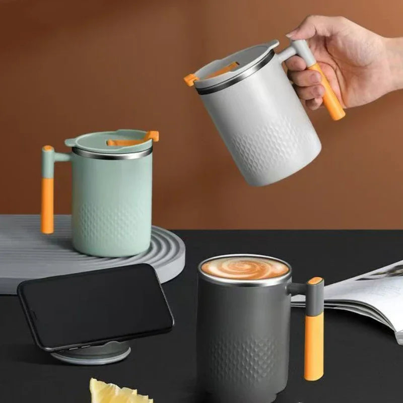 Taza de Acero Inoxidable con Asa y Tapa, Doble Pared, Resistente al Calor, Antiescaldaduras, Taza de Café para el Hogar y la Oficina, Taza de Leche, Avena, Agua