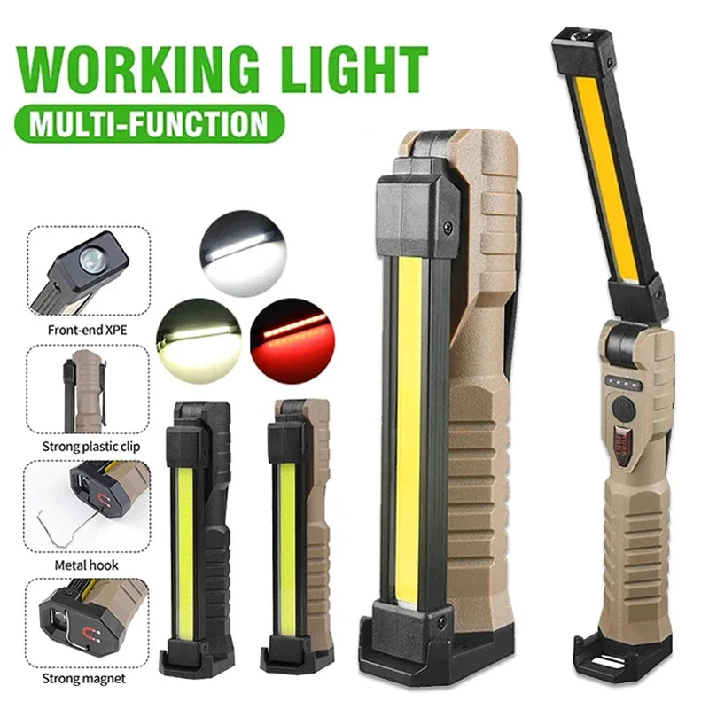Linterna LED plegable portátil, imán potente, luz de trabajo COB, recargable tipo C, reflector de emergencia, linterna de camping para exteriores