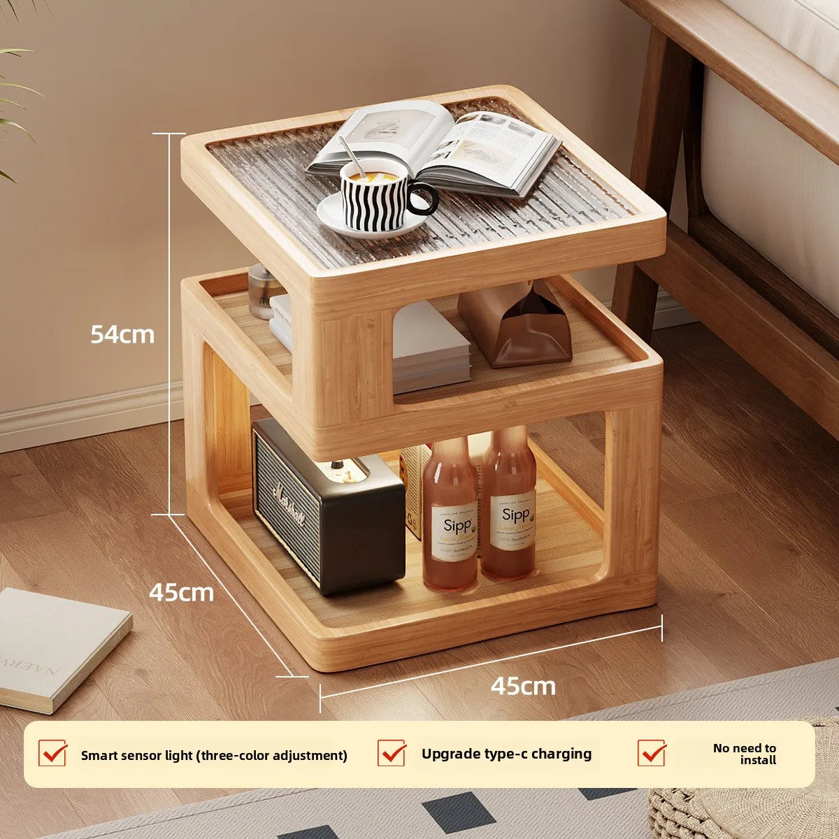 Mesita de noche de madera maciza, almacenamiento de mesita de noche para dormitorio, borde de sofá para el hogar