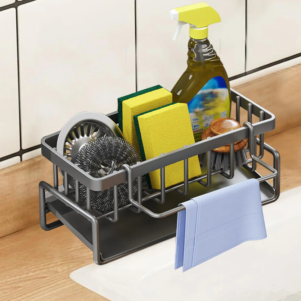 Organizador de fregadero, soporte para cepillo de platos, soporte de plástico inoxidable para esponja de fregadero con bandeja de drenaje automático, jabón de cocina para jabón de cepillo