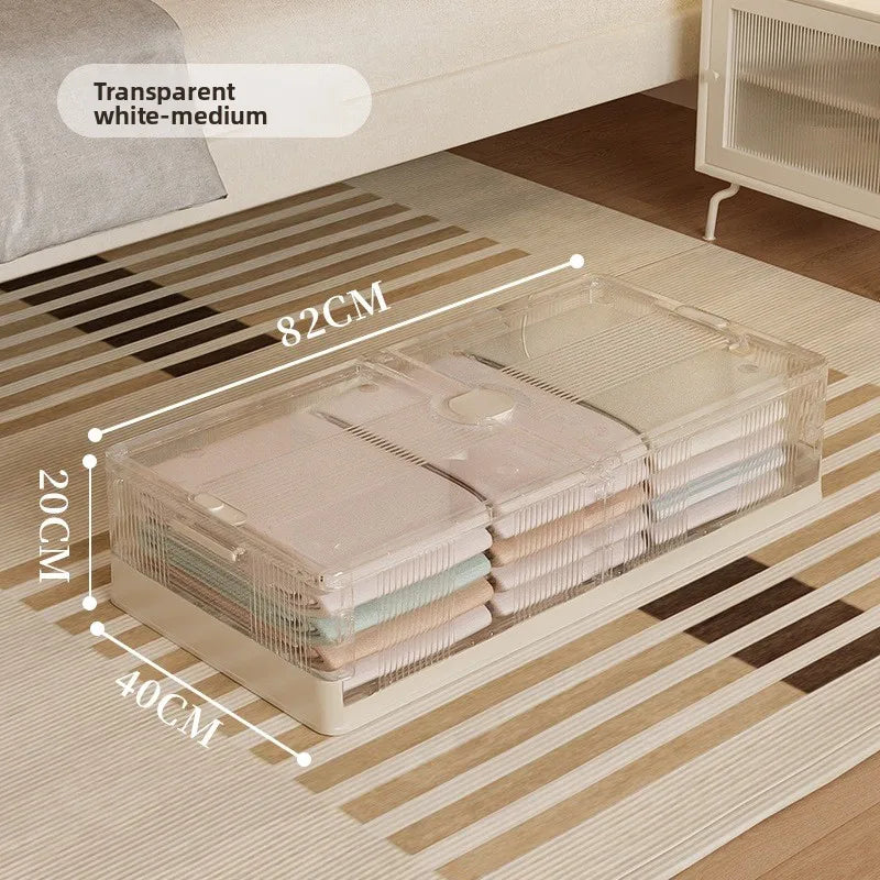 Caja de almacenamiento plegable debajo de la cama. Caja de almacenamiento transparente de plástico extragrande con ruedas a prueba de polvo. Caja organizadora de ropa y edredones.