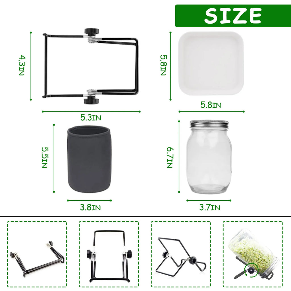 Kit de tarro para germinar semillas, kit duradero para cultivar brotes de frijol de vidrio con tapas de germinación de acero inoxidable, soportes y paños para sombrear