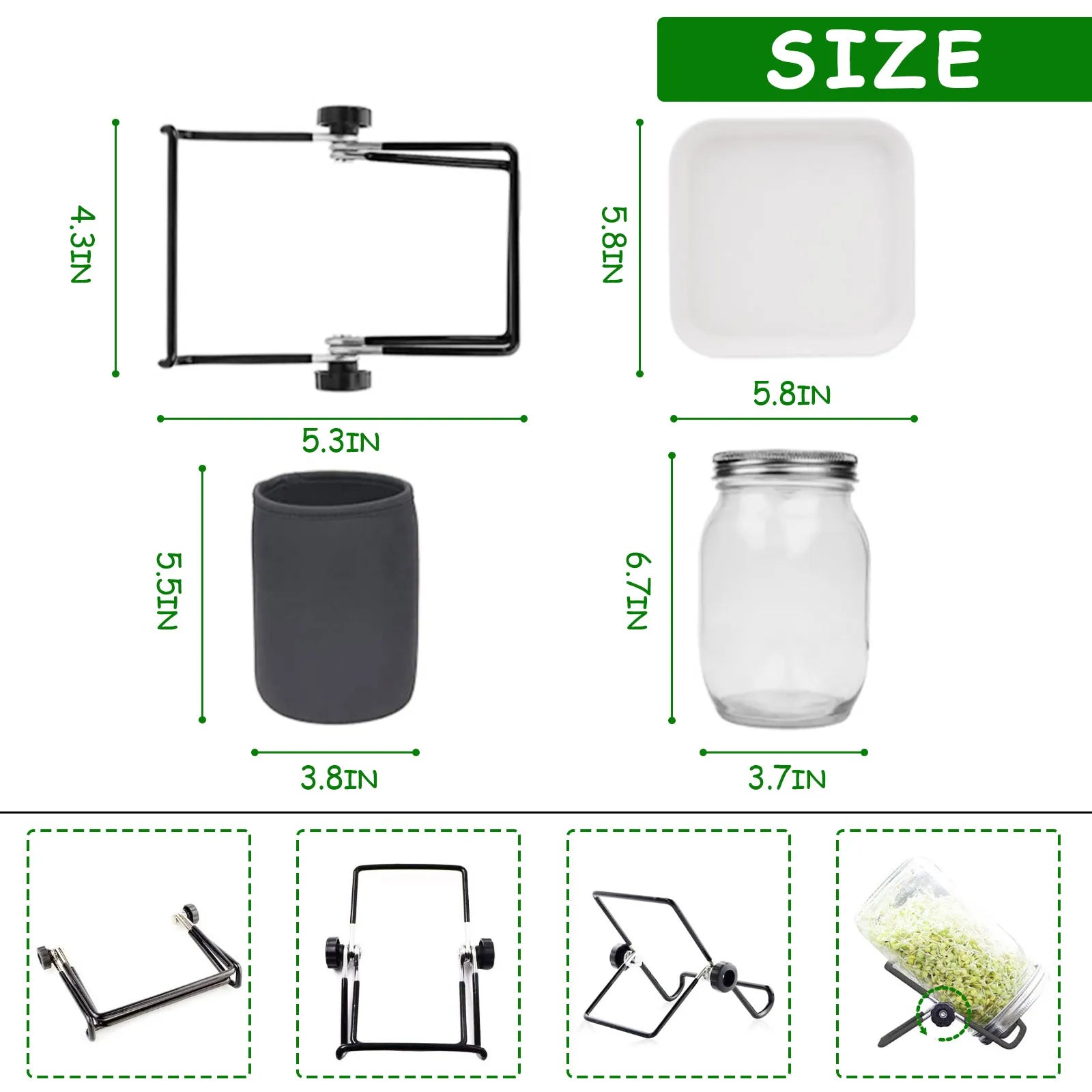 Kit de tarro para germinar semillas, kit duradero para cultivar brotes de frijol de vidrio con tapas de germinación de acero inoxidable, soportes y paños para sombrear