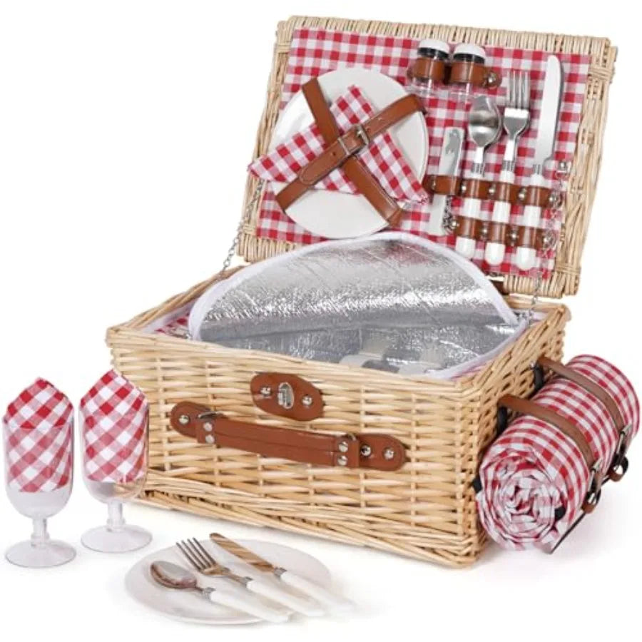Cesta de picnic para 2 personas - Cesta de picnic de mimbre con manta impermeable y forro térmico, cesta grande de sauce hecha a mano con cu