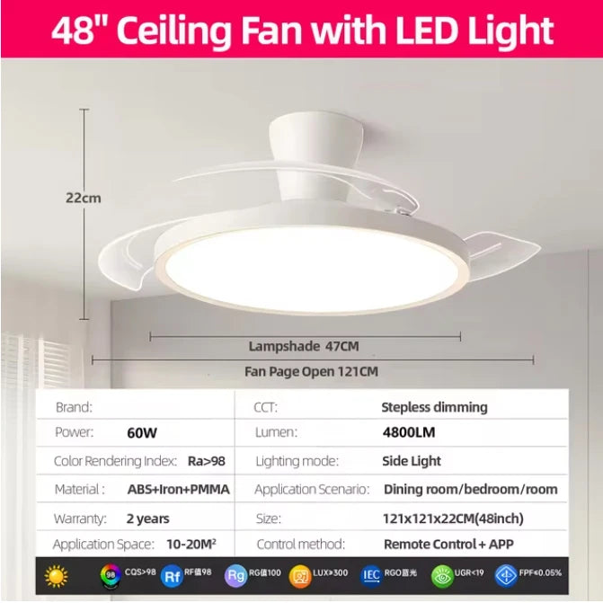 Modern Invisible LED Ceiling Fan with Light Large Air Volume 3 folding blades for Bedroom Dining room Electric fan AC220V