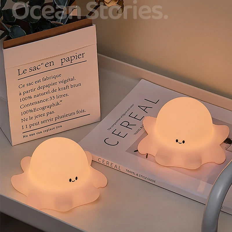 Luz nocturna de pulpo, calamar, dibujos animados, silicona, recargable, decoración interior, lámpara ambiental, regalo de cumpleaños para niños
