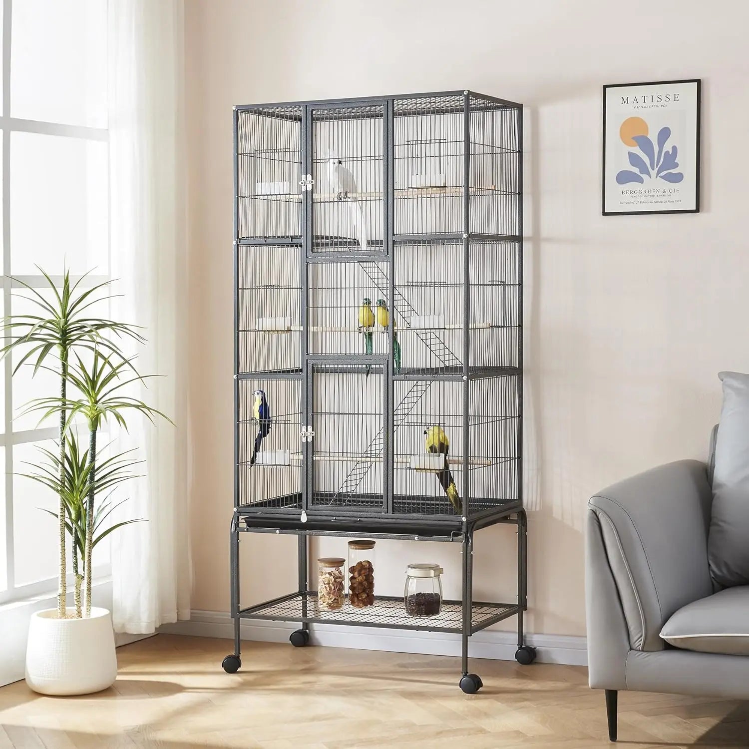 Jaula grande extra para pájaros de 69 pulgadas con ruedas para loros y cacatúas, jaula voladera con estante de almacenamiento, comederos y perchas de madera