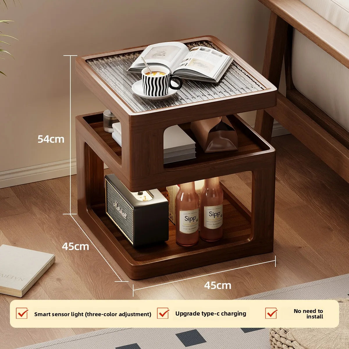 Mesita de noche de madera maciza, almacenamiento de mesita de noche para dormitorio, borde de sofá para el hogar