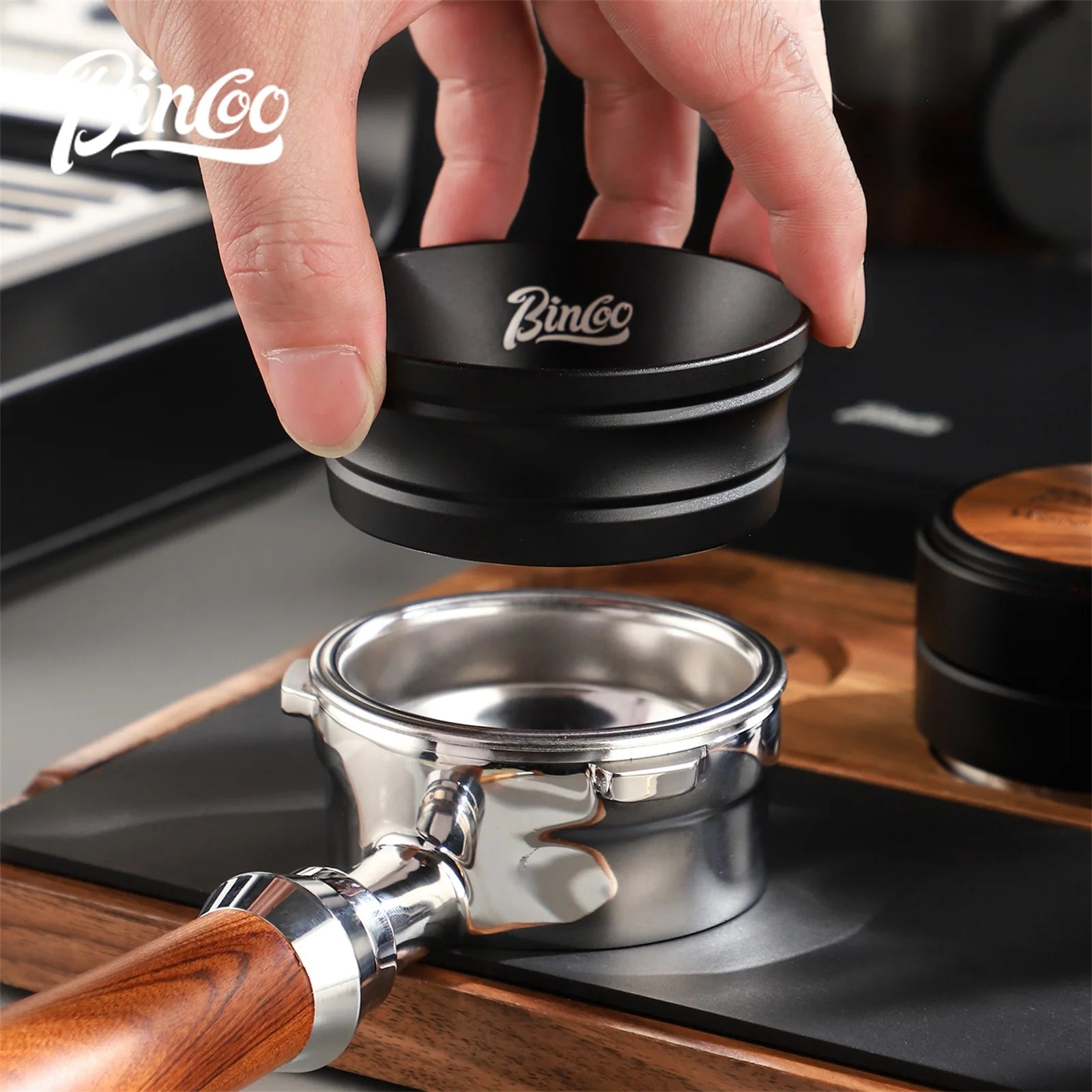 Anillo dosificador universal Bincoo para portafiltros, embudo de aluminio antiderrame de 3,2 cm con imanes potentes, compatible con asas de café de 51 mm y 58 mm