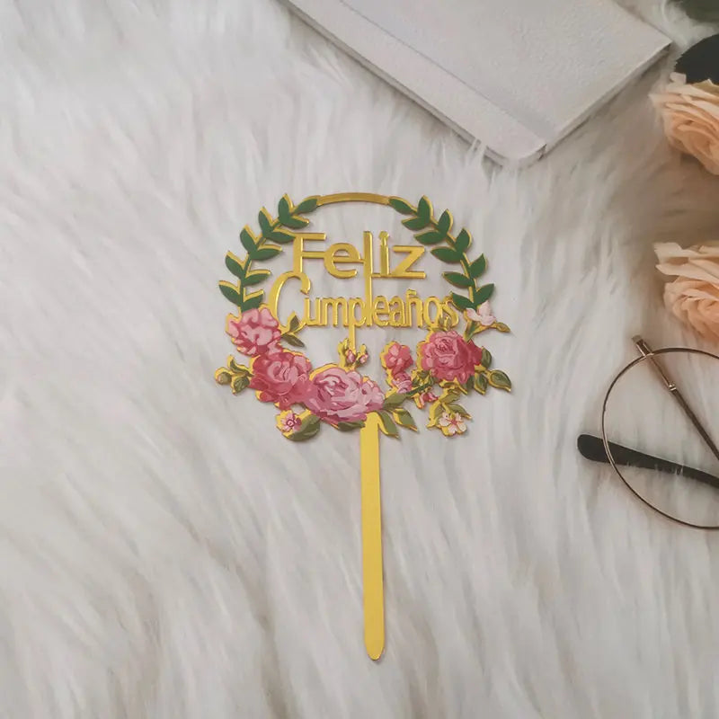 New Spanish Happy Birthday Cake Topper Gold Black Colored Acrylic Birthday Party Cake Toppers for Baby Shower Dessert Decoration