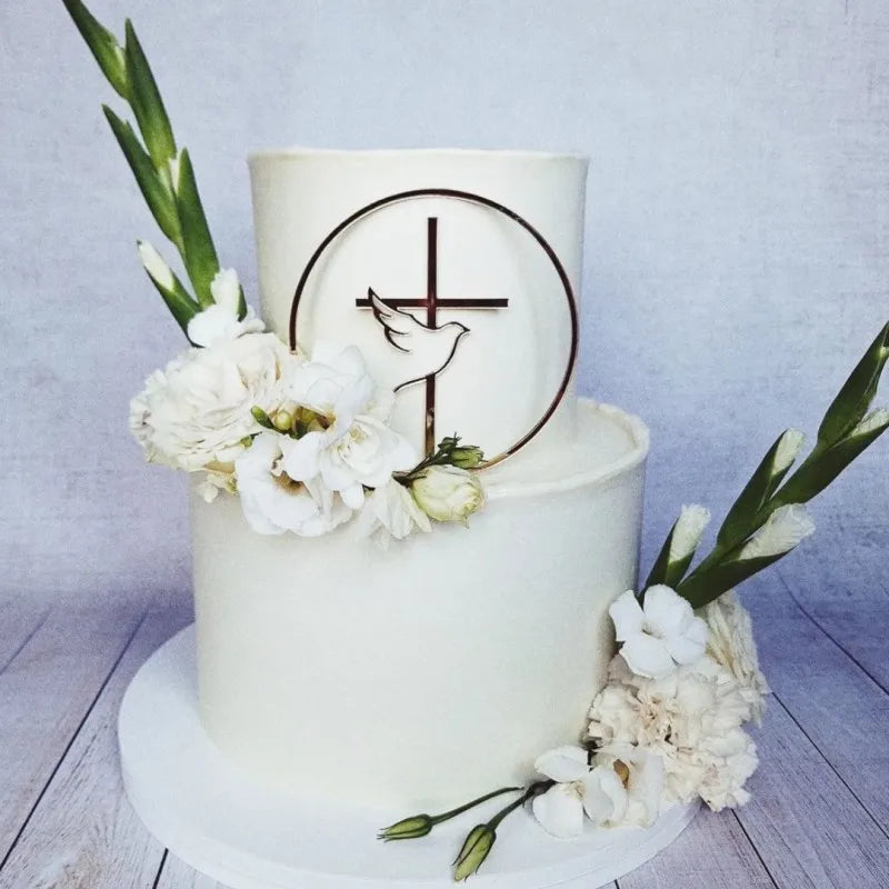2025 Christ Cross Birthday Cake Topper Gold Acrylic Dove Cross Eucharist Baptism Party Communion Baptism Cake Topper Decoration