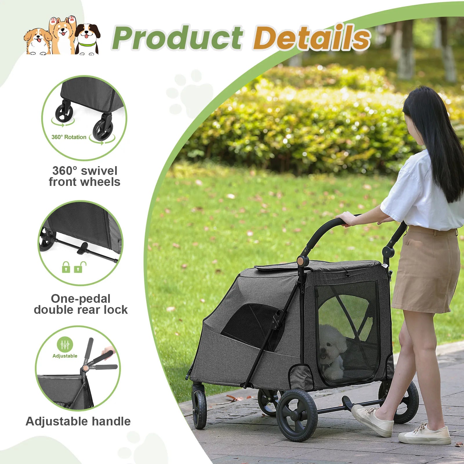 Cochecito para mascotas grandes, hasta 30 kg, manillar ajustable, silla de paseo plegable para perros, almacenamiento XXL, cochecito doble para gatos