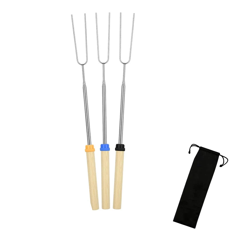 5 Pinchos para asar malvaviscos extensibles de 32 pulgadas de largo, brochetas de metal para barbacoa con mango de madera, para camping al aire libre, fogatas