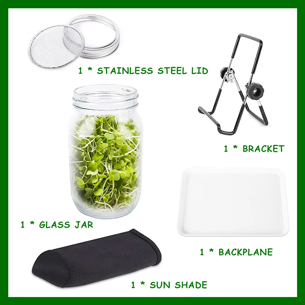 Kit de tarro para germinar semillas, kit duradero para cultivar brotes de frijol de vidrio con tapas de germinación de acero inoxidable, soportes y paños para sombrear