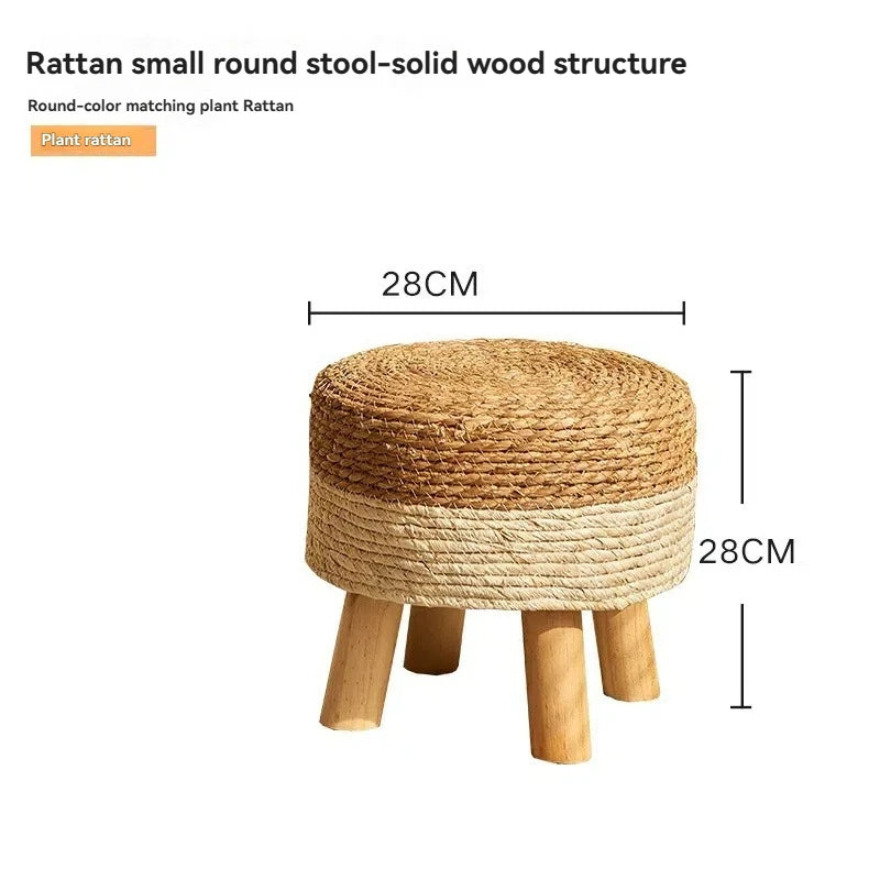 Taburete de hierba tejida, taburete bajo rural, taburete para cambiarse los zapatos de ratán tejido, taburete con cojín de asiento tejido engrosado