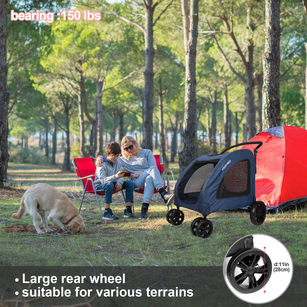 Cochecito de perro de alta resistencia para perros grandes de hasta 54 kg, carrito para mascotas plegable con ruedas de 360°, ventilación completa, cremallera delantera y trasera