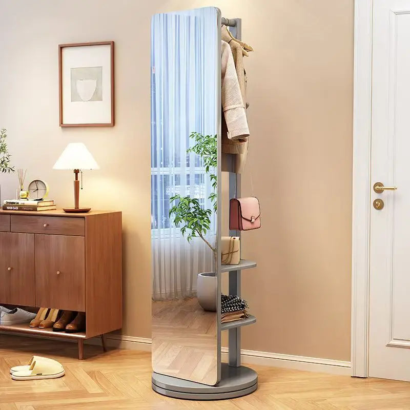 Espejo de vestir de madera maciza, espejo de cuerpo entero, espejo giratorio para el hogar, espejo de pie con colgador integrado, espejo para dormitorio.